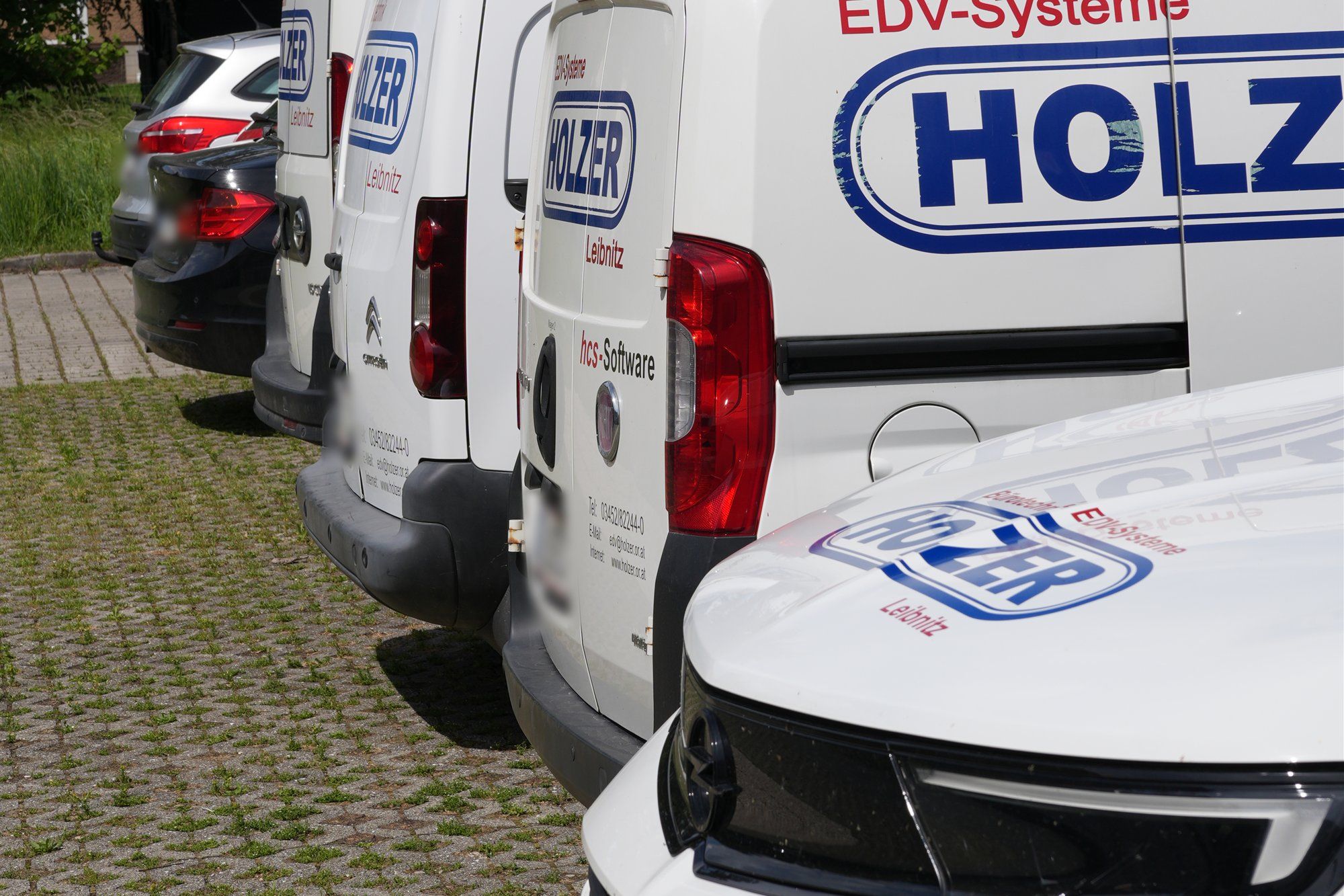 Weiße Holzer-Lieferwagen mit Firmenlogo in einer Reihe, vorne die Motorhaube eines Firmenwagens